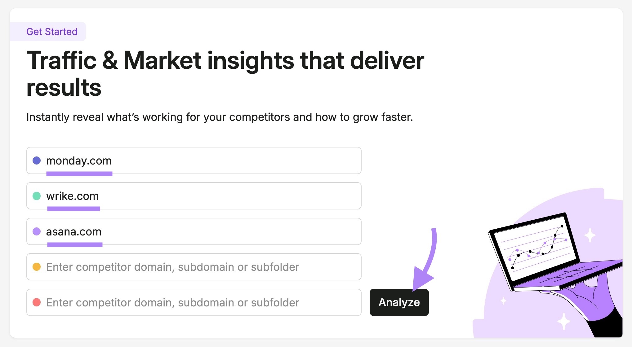 Traffic & Marketing Toolkit with three competing domains entered and "Analyze" clicked.