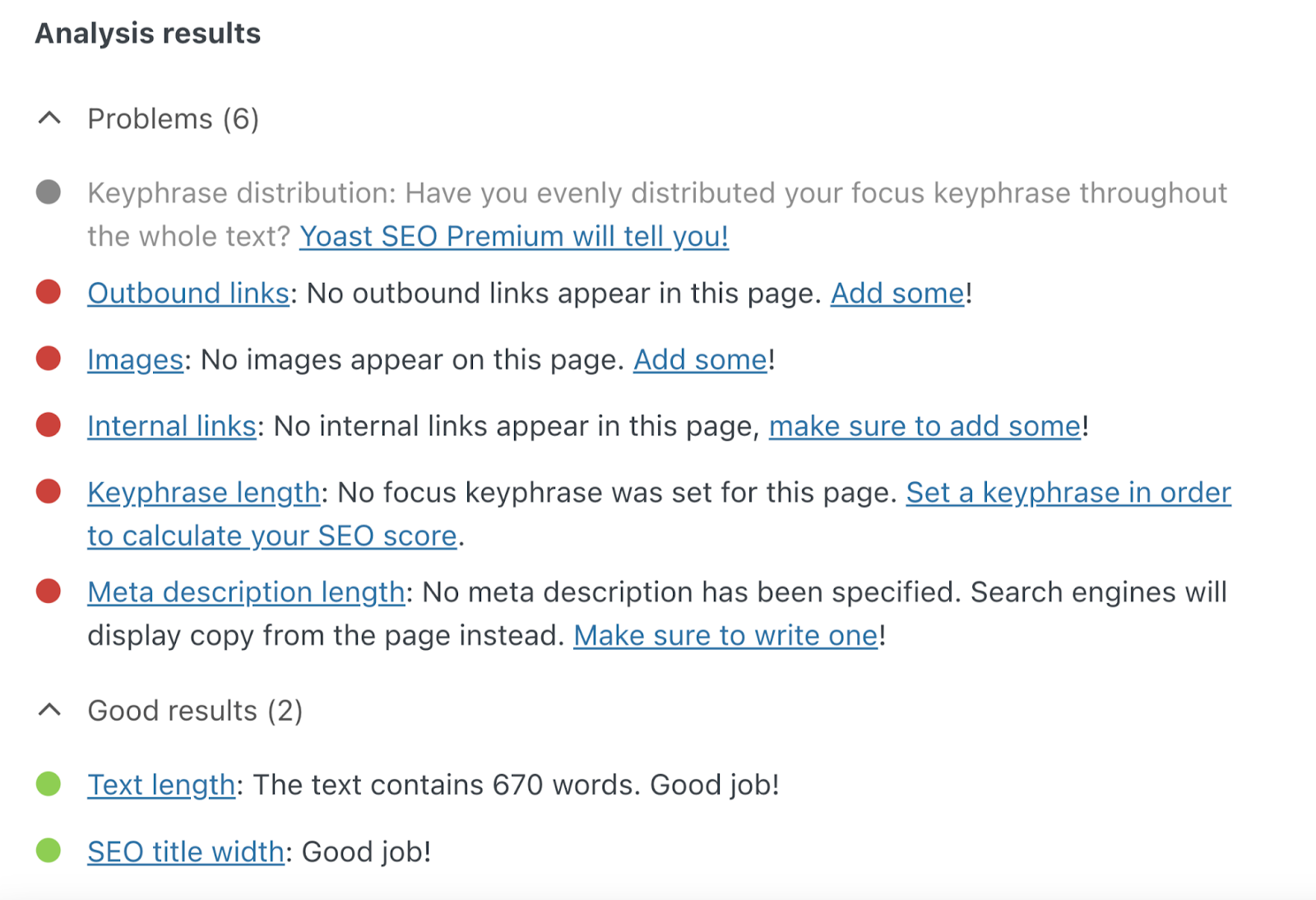 La página "Resultados del análisis" de Yoast SEO identifica los problemas relacionados con el SEO en tu contenido