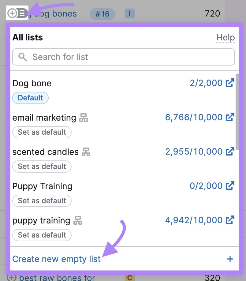 el icono de lista a la izquierda de una palabra clave clicado y “Crear nueva lista vacía” resaltada de la ventana que se abre