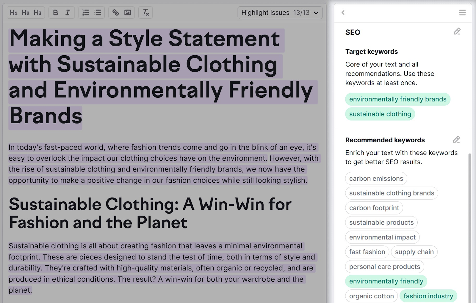Sección "SEO" resaltada en la columna de la derecha en el editor SEO Writing Assistant