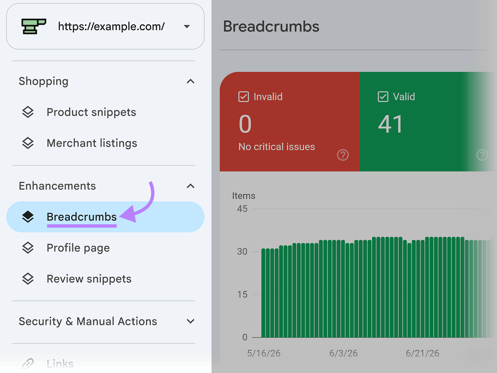 Google Search Console navigation with the Breadcrumbs enhancement report highlighted