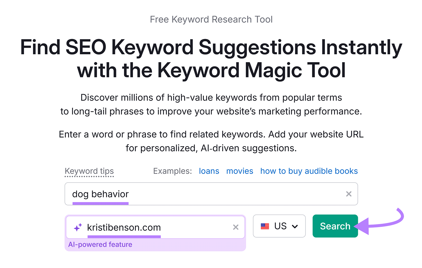 Keyword Magic Tool search bar with “dog behavior,” URL field, US database, and Search button.