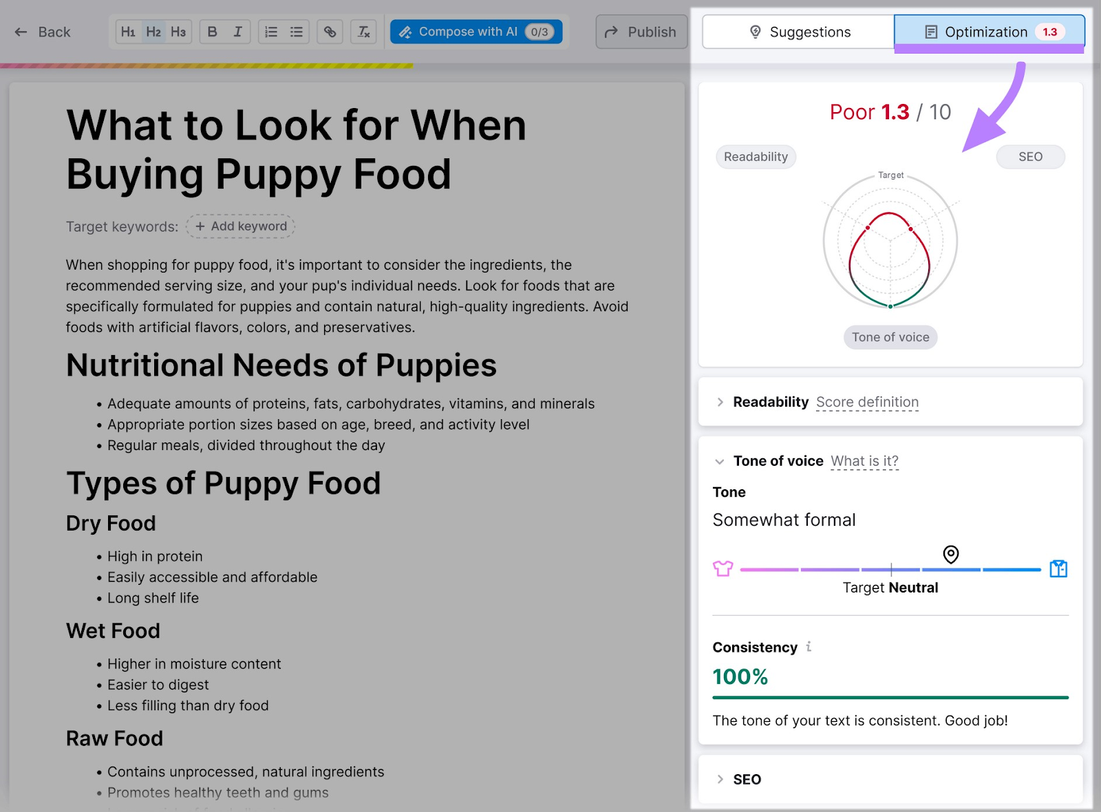 pestaña "Optimización" resaltada a la derecha