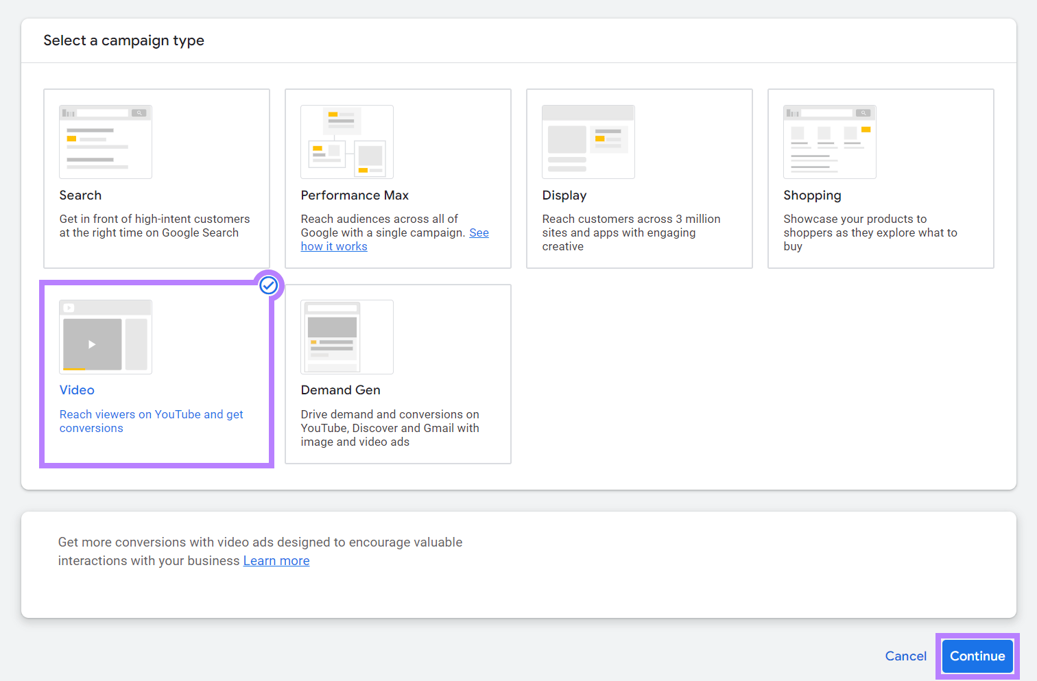 In Google Ads wurde „Video“ als Kampagnentyp festgelegt.