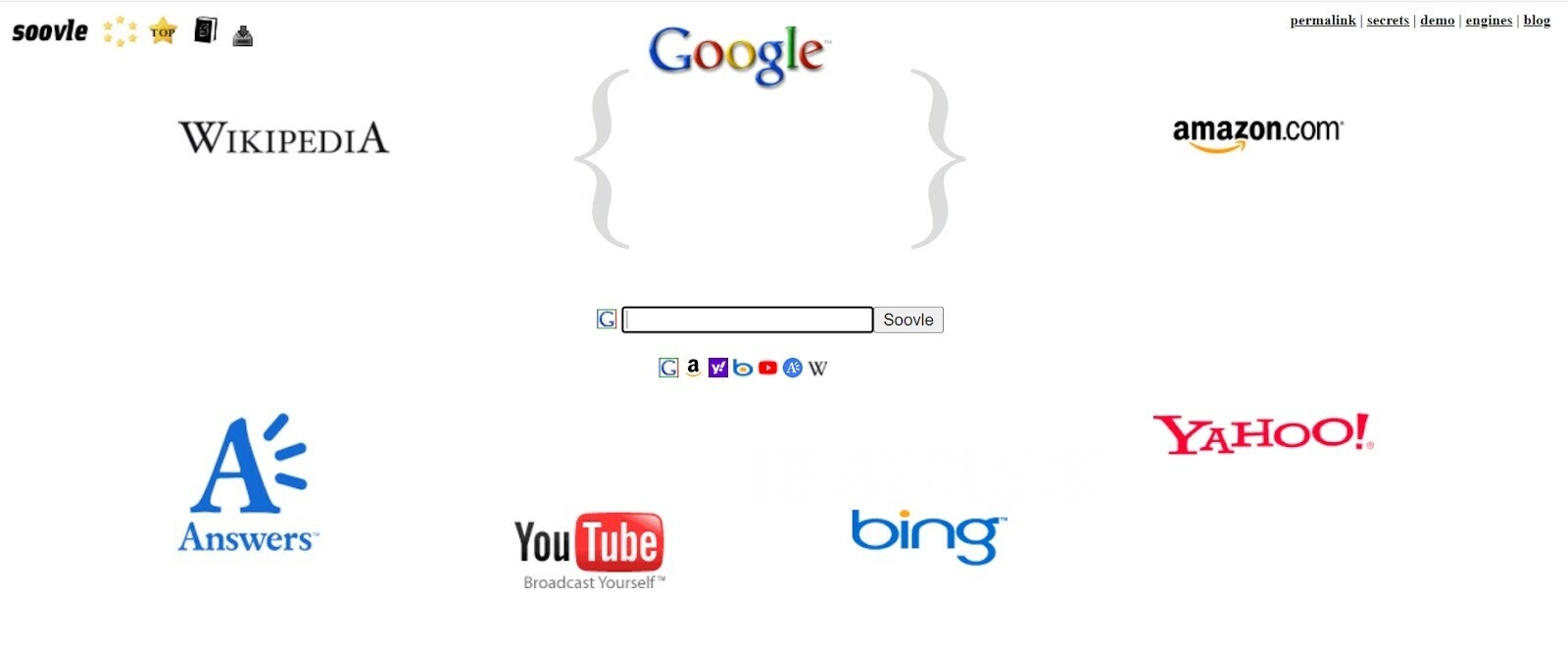Página única com barra de pesquisa no centro, cercada pelos logotipos da Wikipedia, YouTube, amazon.com etc.