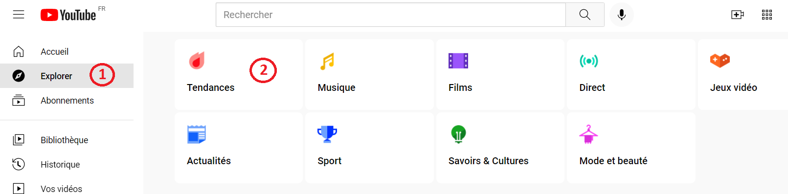 YouTube, onglet Explorer, Tendances