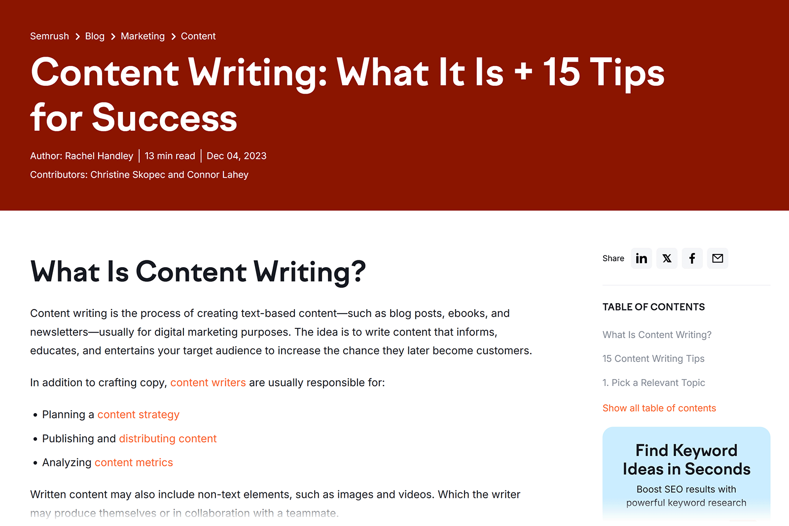 Semrush article titled 'What is Content Writing?' with sections on planning, publishing, and analyzing, illustrating comprehensive article structure
