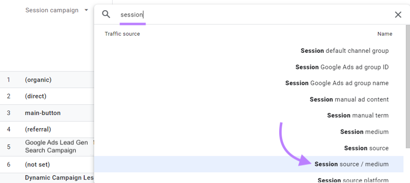"Session source / medium" selecionado na lista