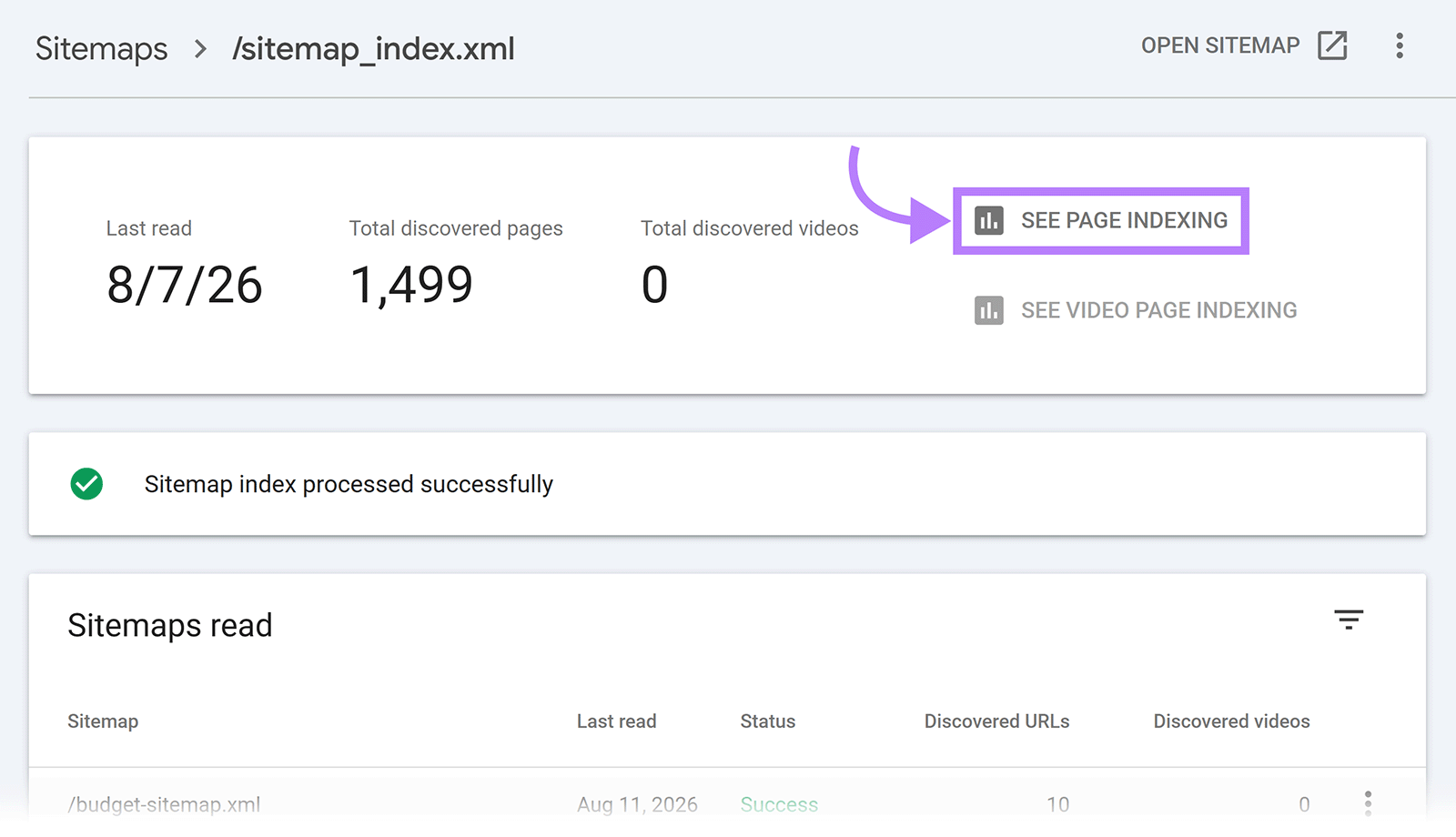 Google Search Console sitemap report showing 1,499 discovered pages with the See Page Indexing button highlighted