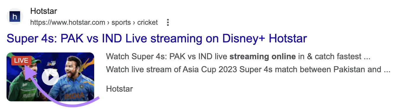 Hotstar's video rich snippet that uses BroadcastEvent properties on Google SERP