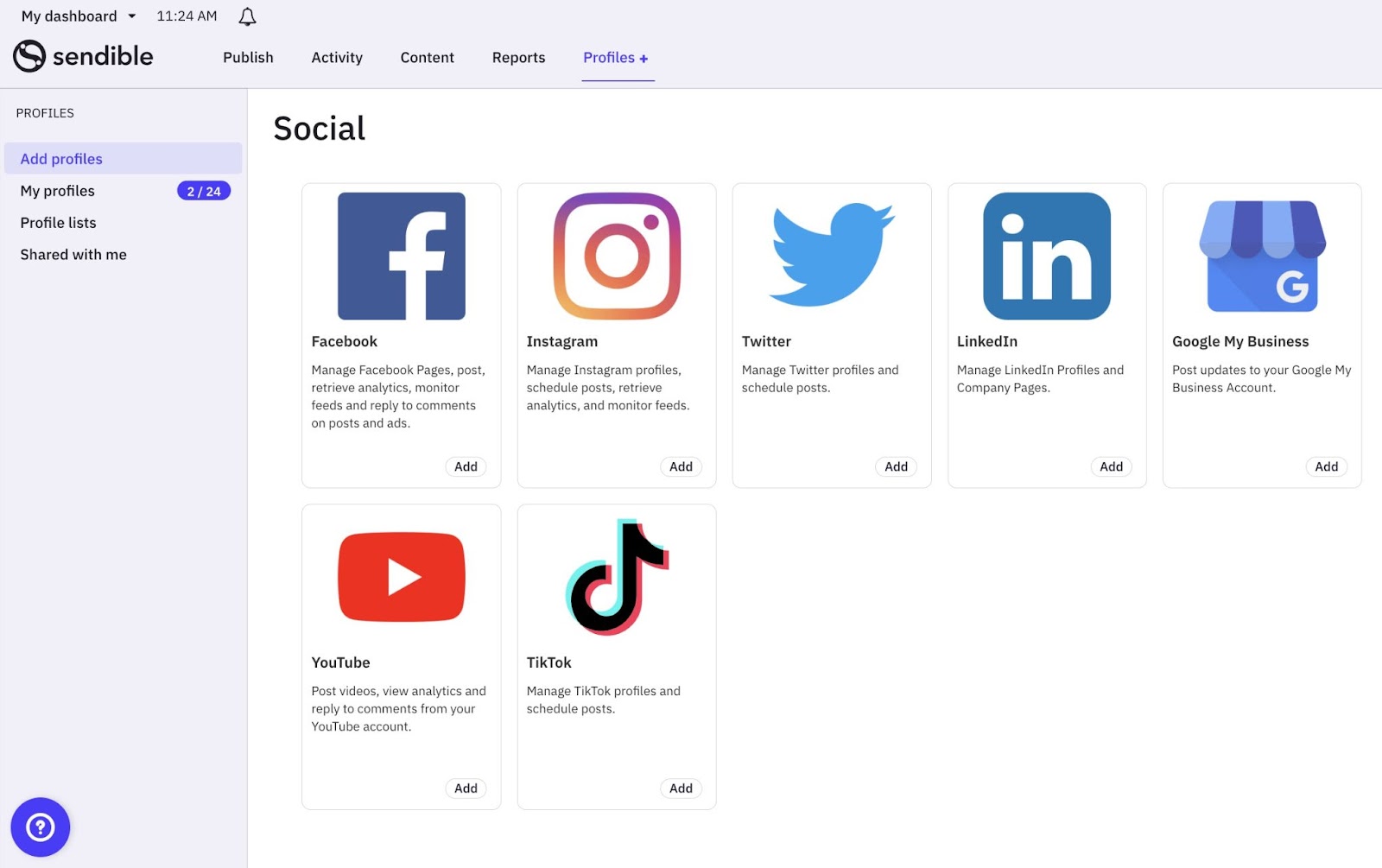 Vous pouvez connecter différents comptes de réseaux sociaux via l'onglet « Profils » de l'outil de gestion des réseaux sociaux Sendible.