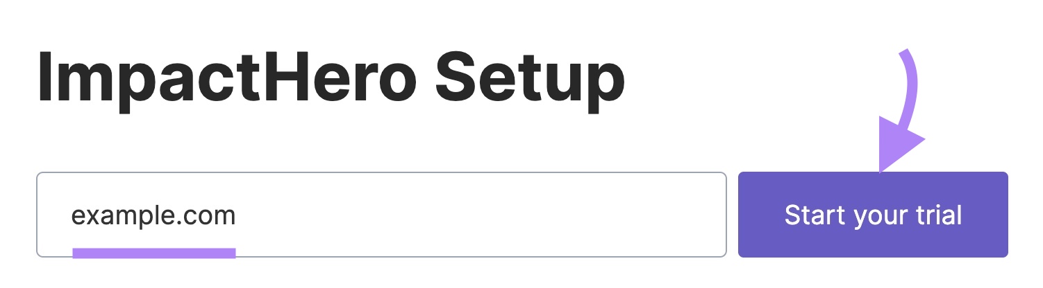 ImpactHero-Setup-Seite mit eingegebener Domäne und Klick auf „Testversion starten“