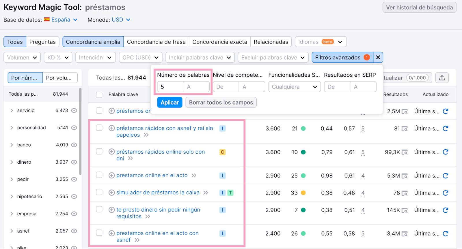Filtrado de consulta en Keyword Magic Tool