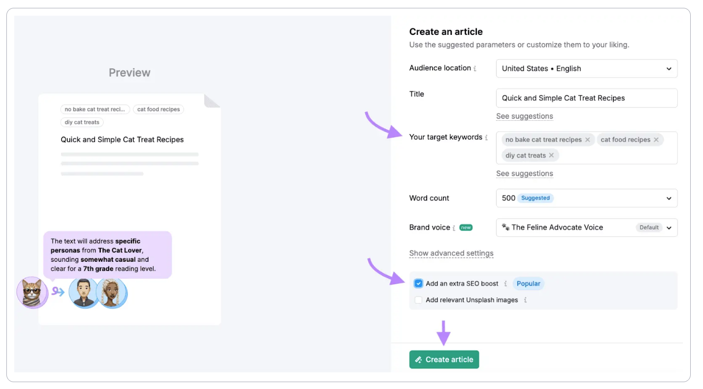 Einrichten des Artikels im Semrush Content Toolkit