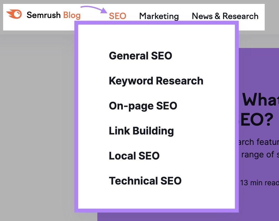 kategorien und Unterkategorien auf Semrushs Blog mit" angeklickter "SEO, die Unterkategorien wie Keyword-Recherche, On-Page-SEO usw. anzeigen.