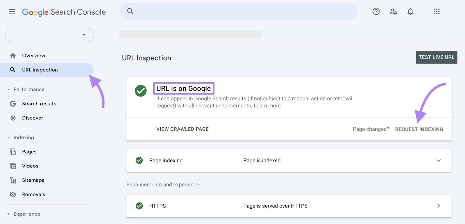 URL Inspection on Google Search Console with "URL is on Google" and the "Request Indexing" button highlighted.