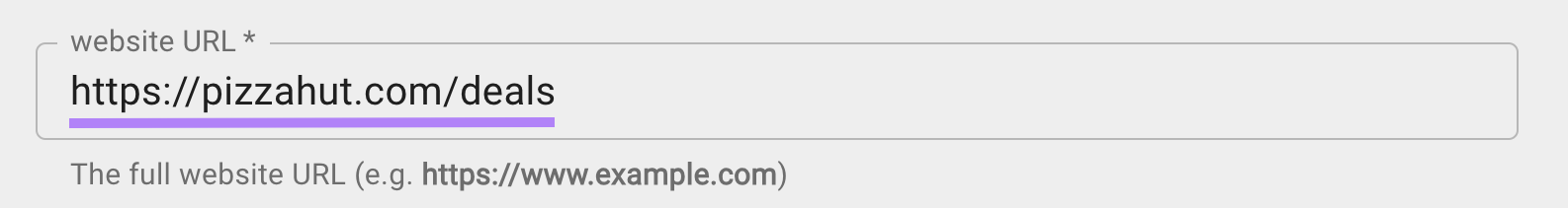 "https://pizzahut.com/deals" introducido en el campo "URL del sitio web".