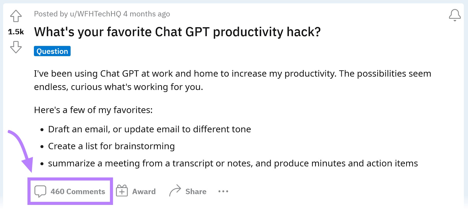 un ejemplo de un post de Reddit sobre "¿Cuál es tu truco de productividad favorito de Chat GPT?" mostrando el número de comentarios que tiene
