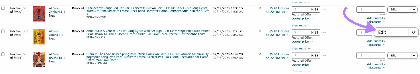 Botón "Editar" resaltado junto a un producto en Amazon Seller Central