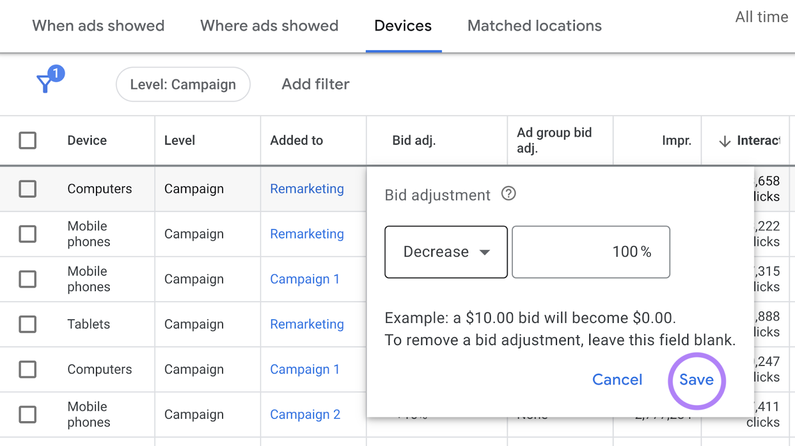 na coluna “Ajuste de lance” no Google Ads você pode configurar seus anúncios para segmentar dispositivos específicos