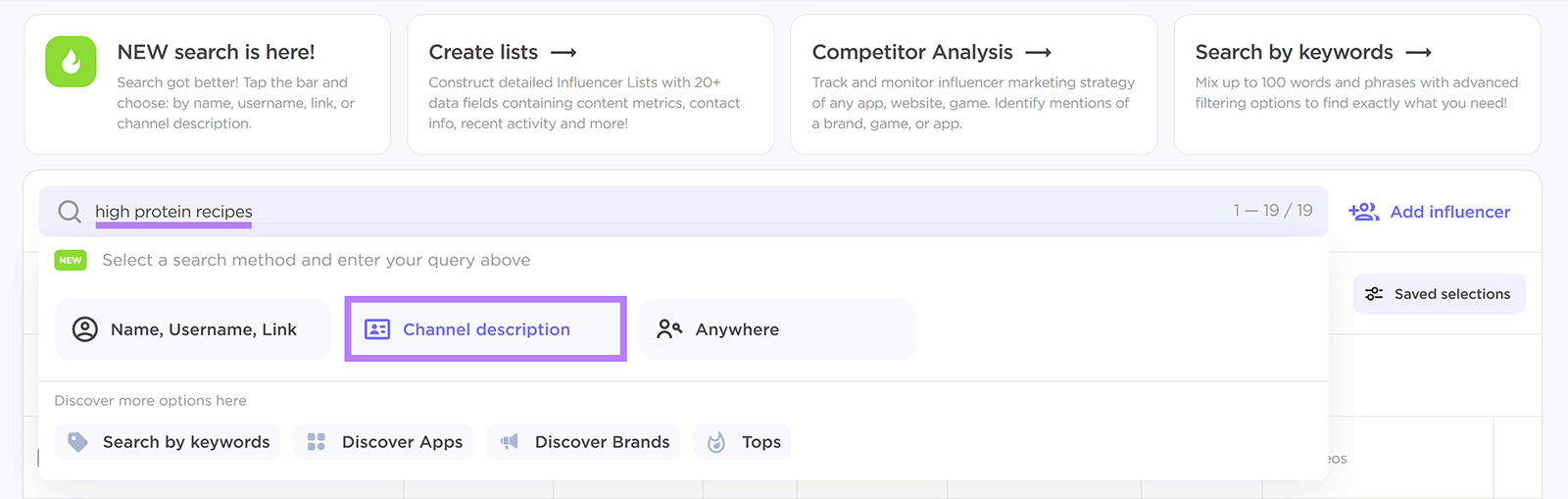 Barra di ricerca con la dicitura "ricette ad alto contenuto proteico" e l'opzione Descrizione canale evidenziata.