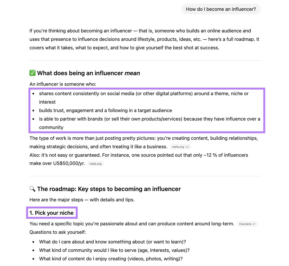 A response on ChatGPT formatted with bullet points and numbered lists.