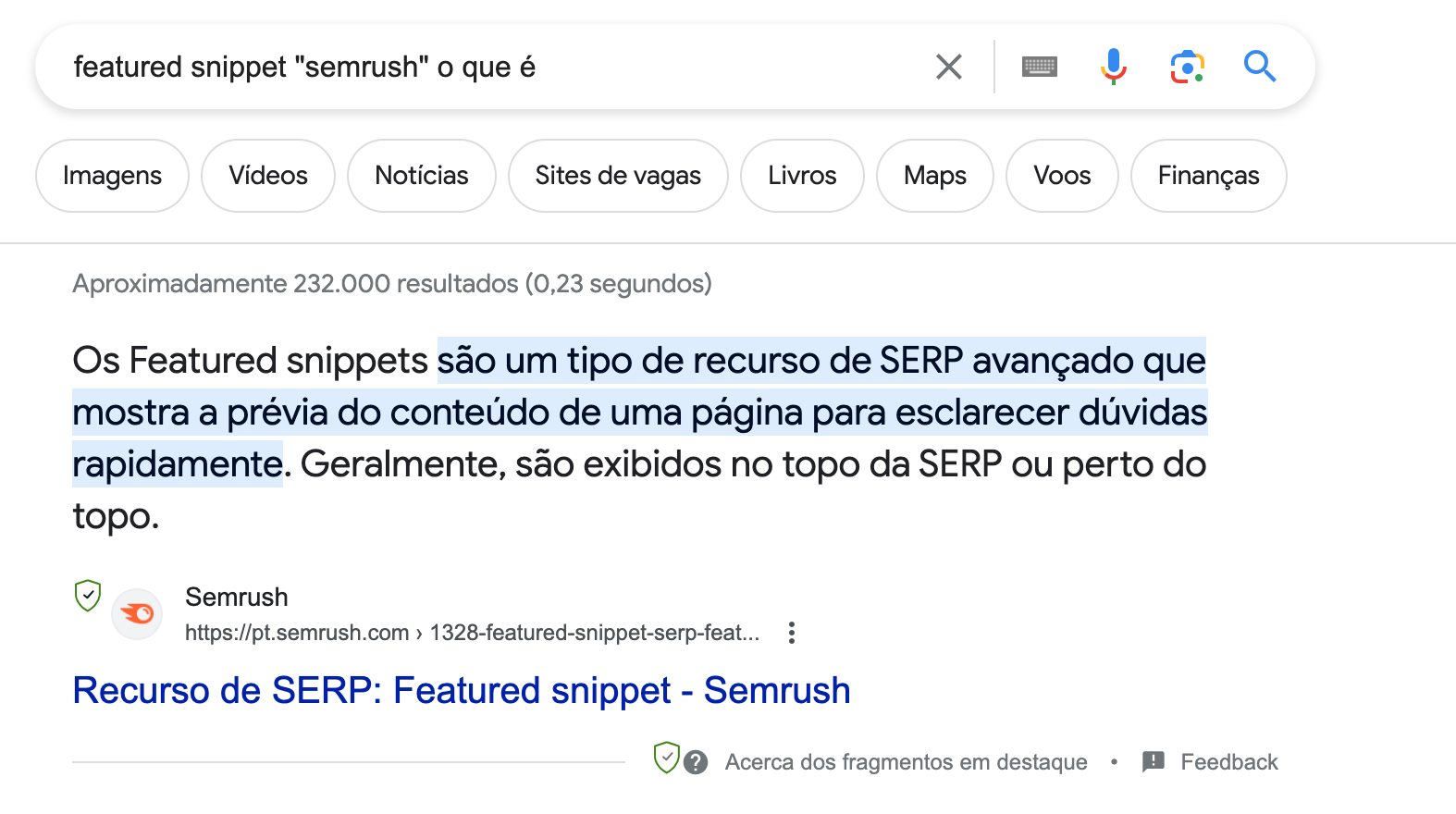 Trecho em destaque sobre featured snippet