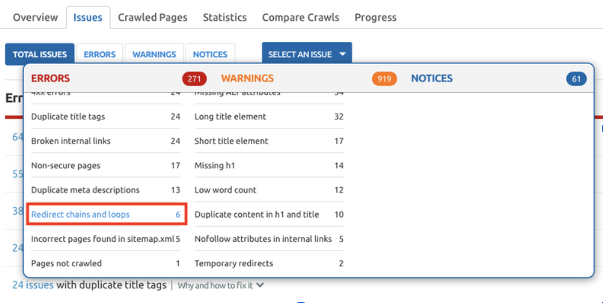 Semrush: Weiterleitungsketten und -schleifen