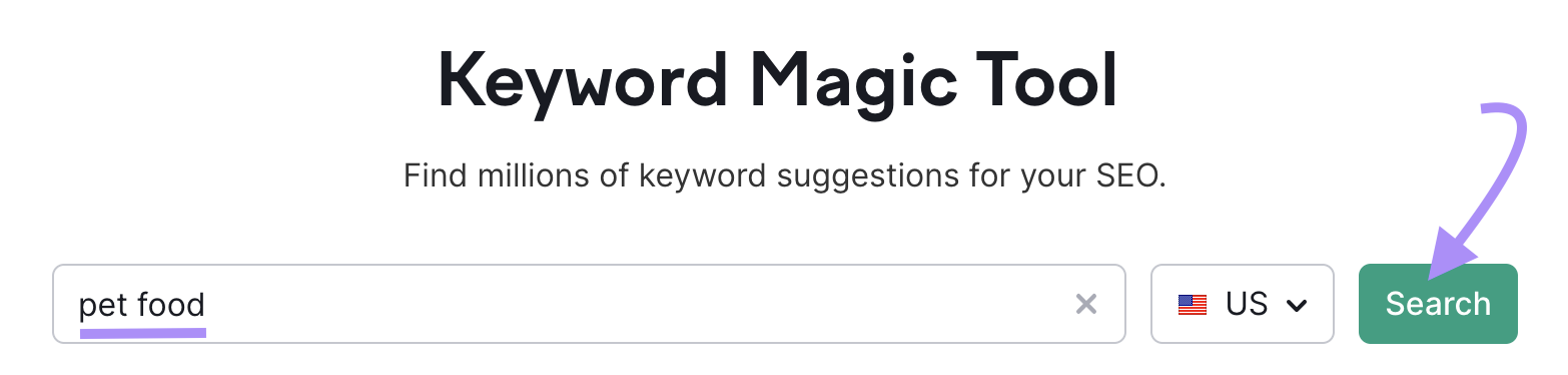 "comida para mascotas" introducido en la barra de búsqueda de Keyword Magic Tool