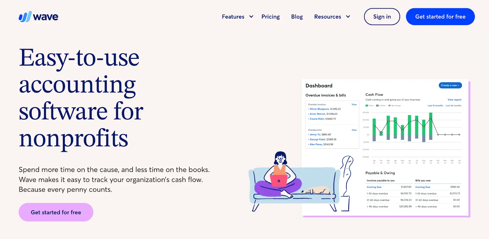 A landing page by Wave targeting that targets a long-tail keyword "free accounting software for nonprofits".
