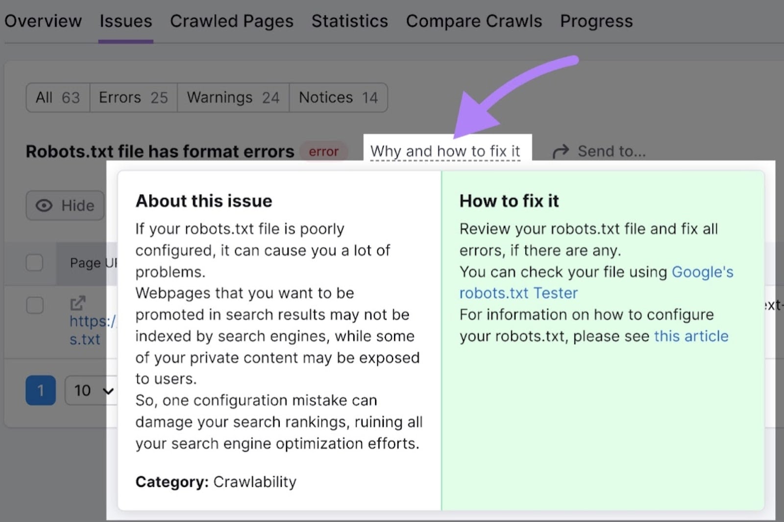 Fenêtre « Pourquoi et comment résoudre ce problème » pour le fichier robots.txt dans l’outil d’audit du site
