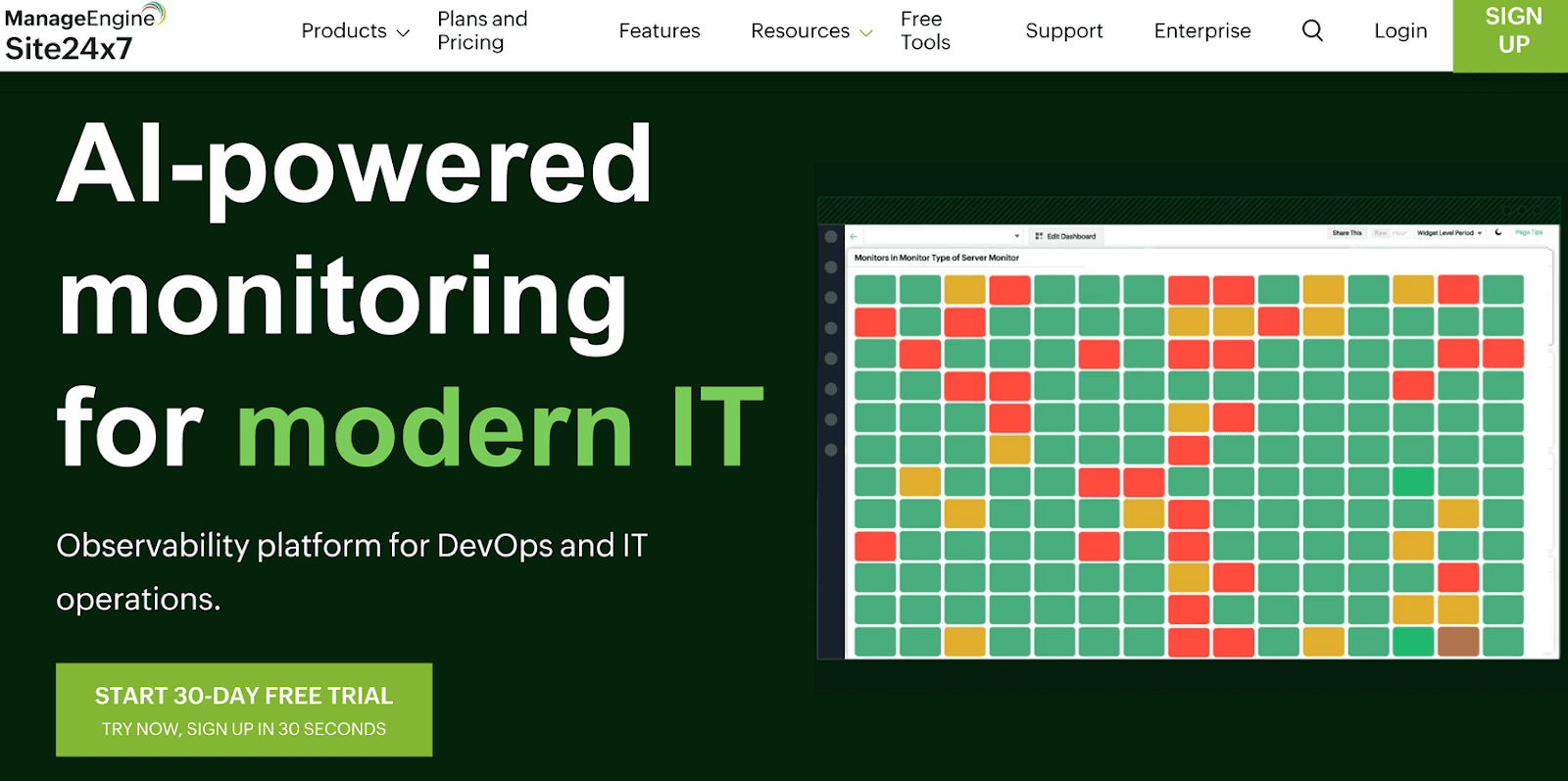 La page d'accueil de Site24x7 de ManageEngine comporte un bouton d'appel à l'action vert pour démarrer un essai gratuit de 30 jours.