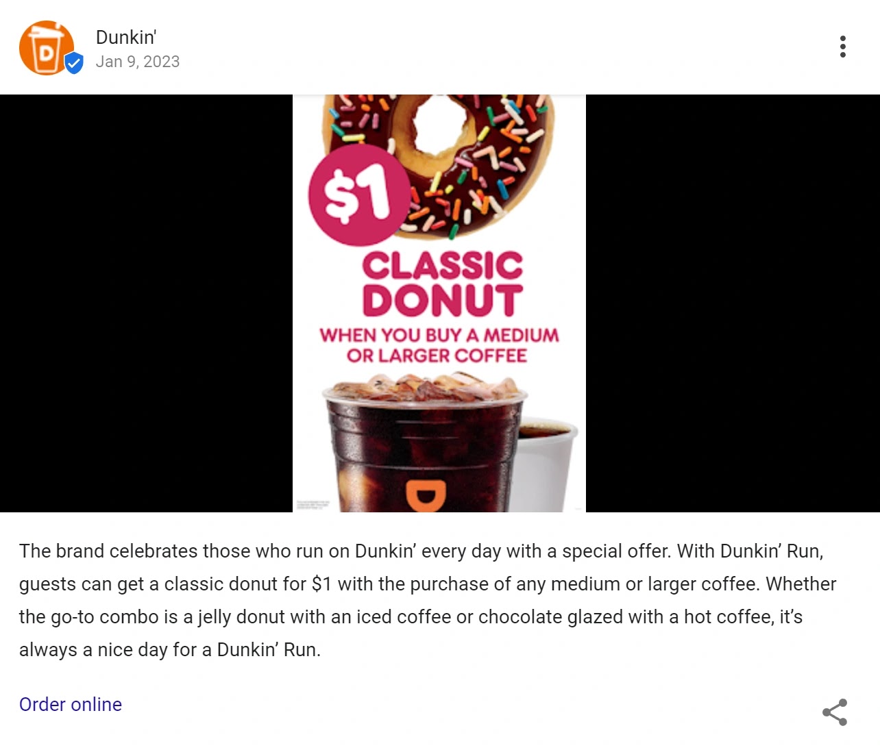 Dunkin' Donuts kündigt in seinem Google-Unternehmensprofil ein spezielles Donut-Angebot für 1 Dollar an.