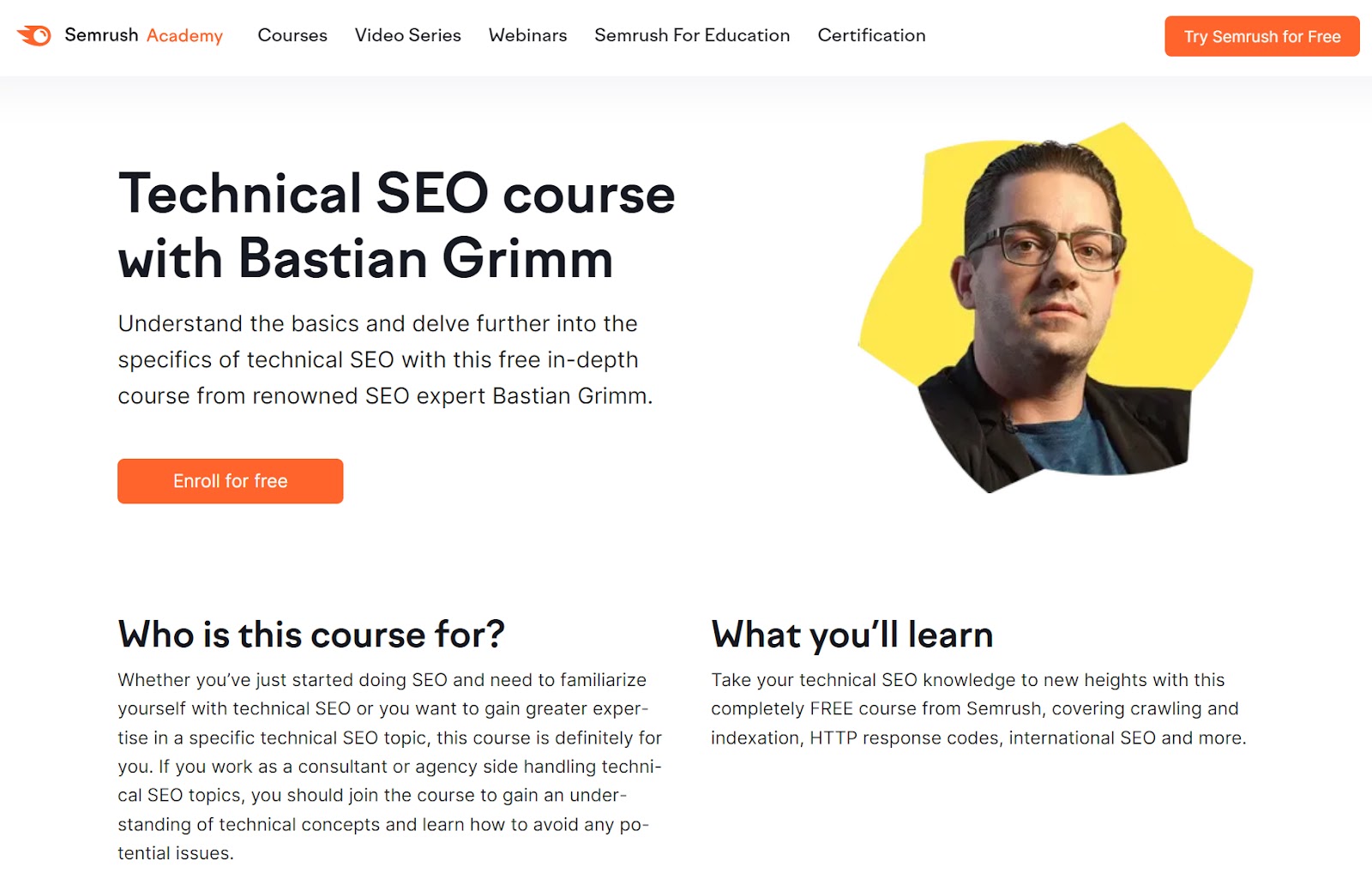 Curso técnico de SEO com a página de destino de Bastian Grimm