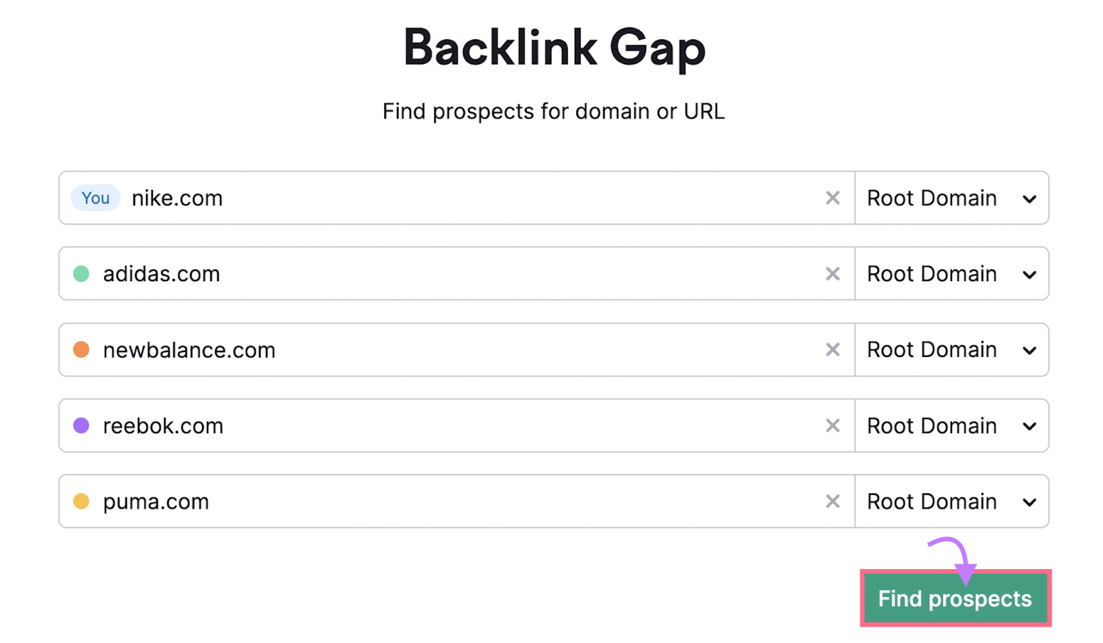 ajoute ton domaine et les domaines de quatre concurrents au maximum dans l'outil Backlink Gap de Semrush.