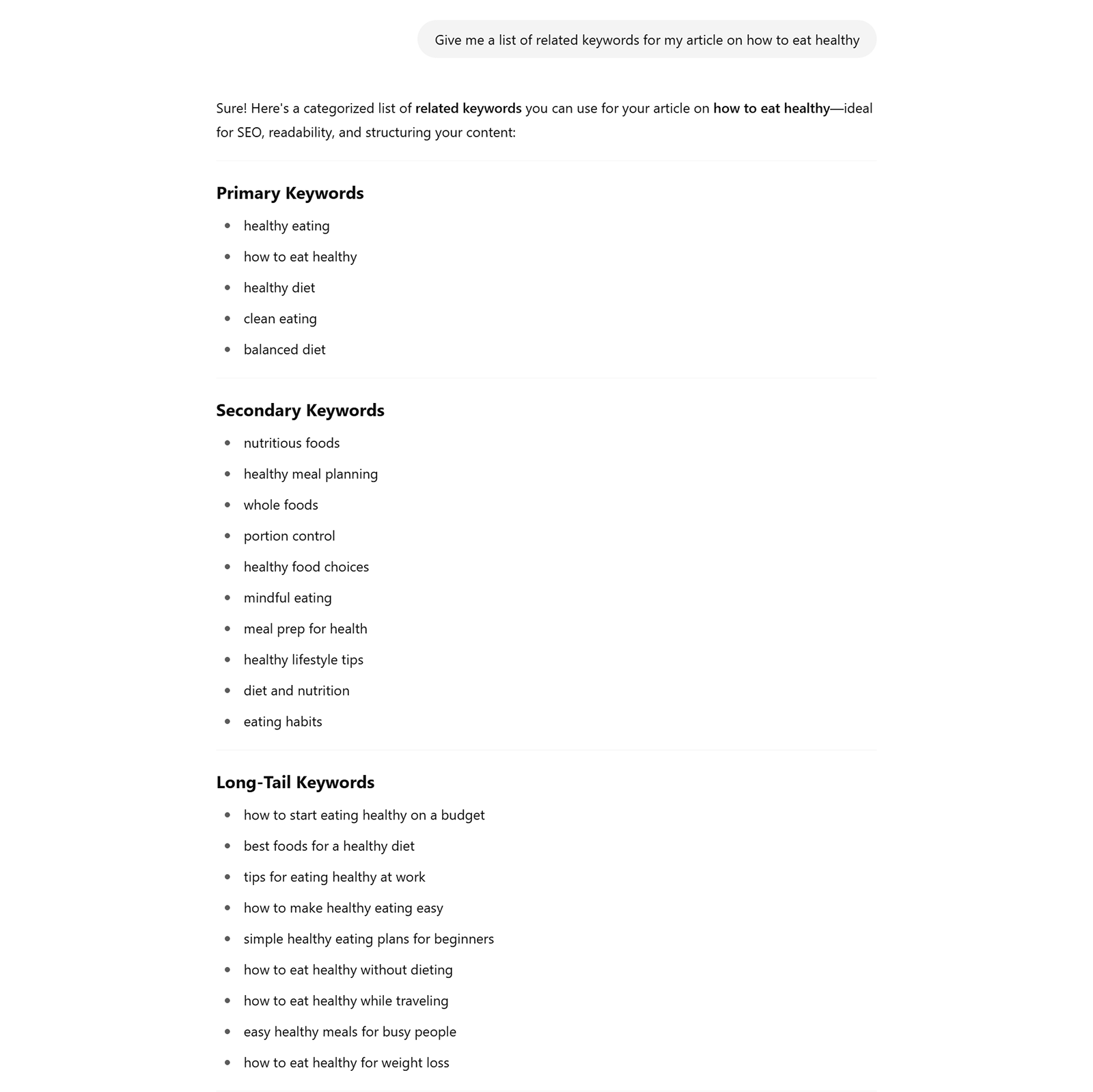 ChatGPT response listing primary, secondary, and long-tail related keywords for “how to eat healthy”