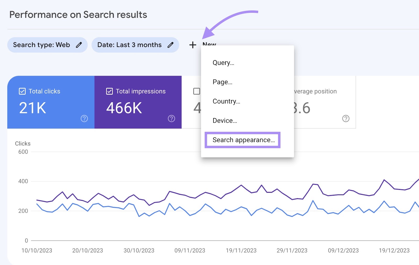 "Aspecto de la búsqueda…" seleccionado en el menú desplegable
