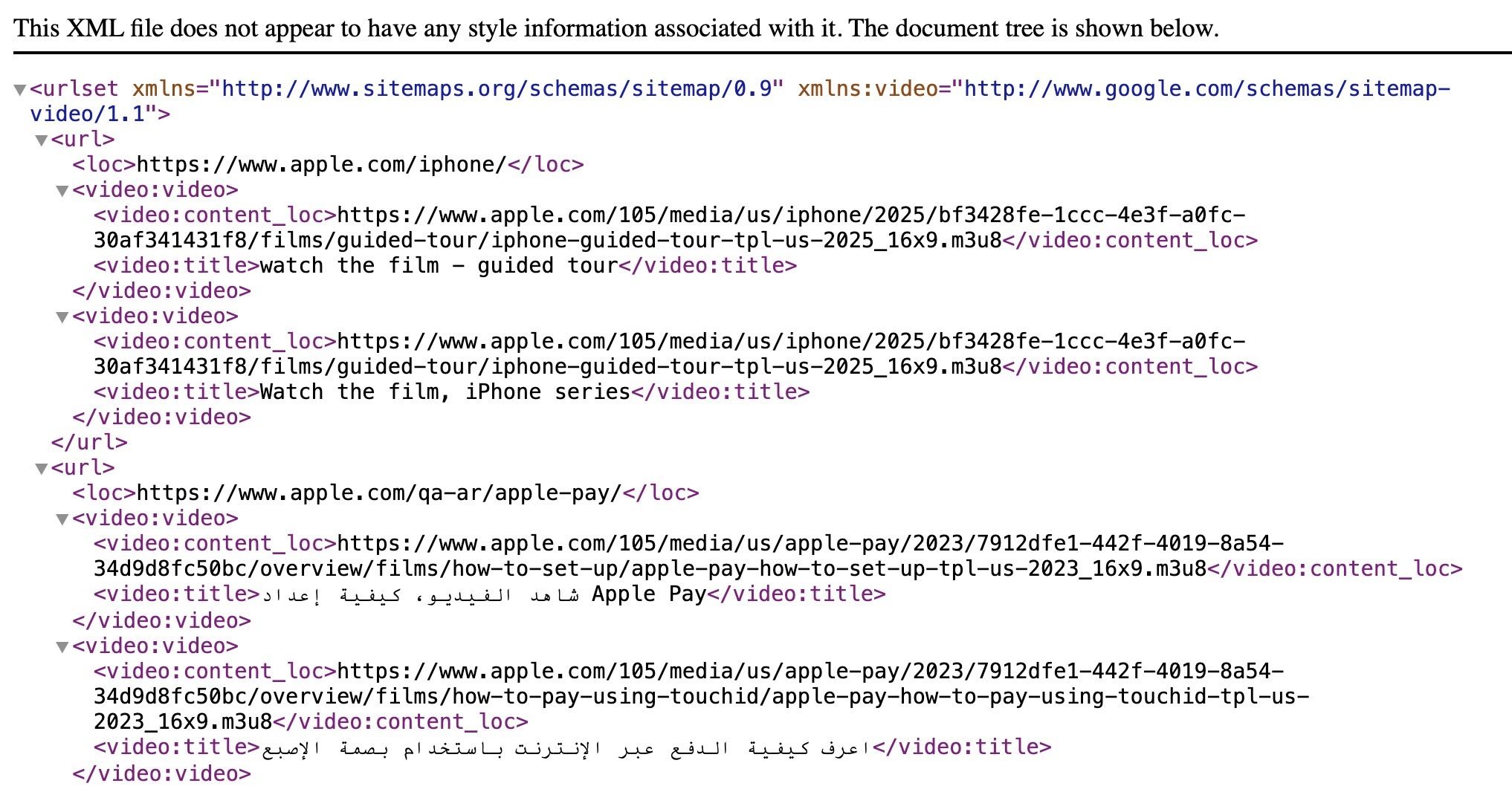Apple's video sitemap showing information about the videos on their pages.