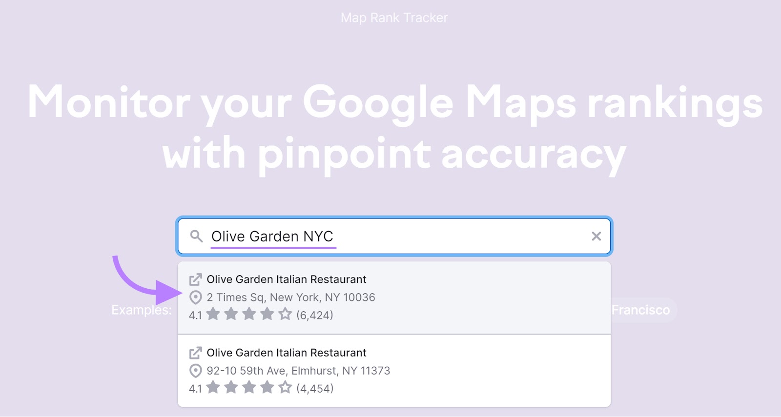 Herramienta Map Rank Tracker con "Olive Garden NYC" en el campo de búsqueda.