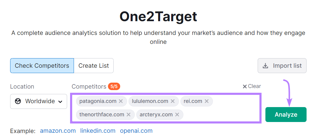 "patagonia.com" "lululemon.com" "rei.com" "thenorthface.com" y "arcteryx.com" introducidos en la barra de búsqueda de One2Target