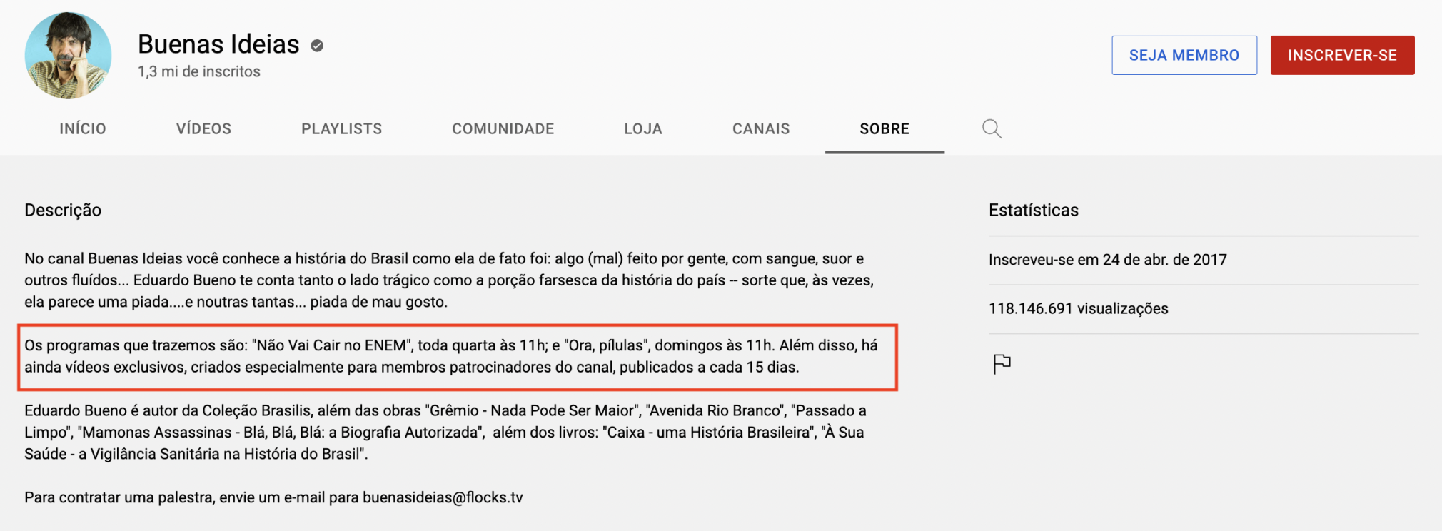 Cronograma na descrição do canal