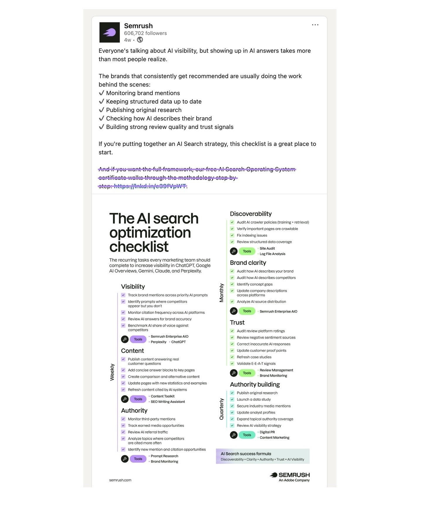 A post on LinkedIn by Semrush with the CTA text and link at the bottom struck out.