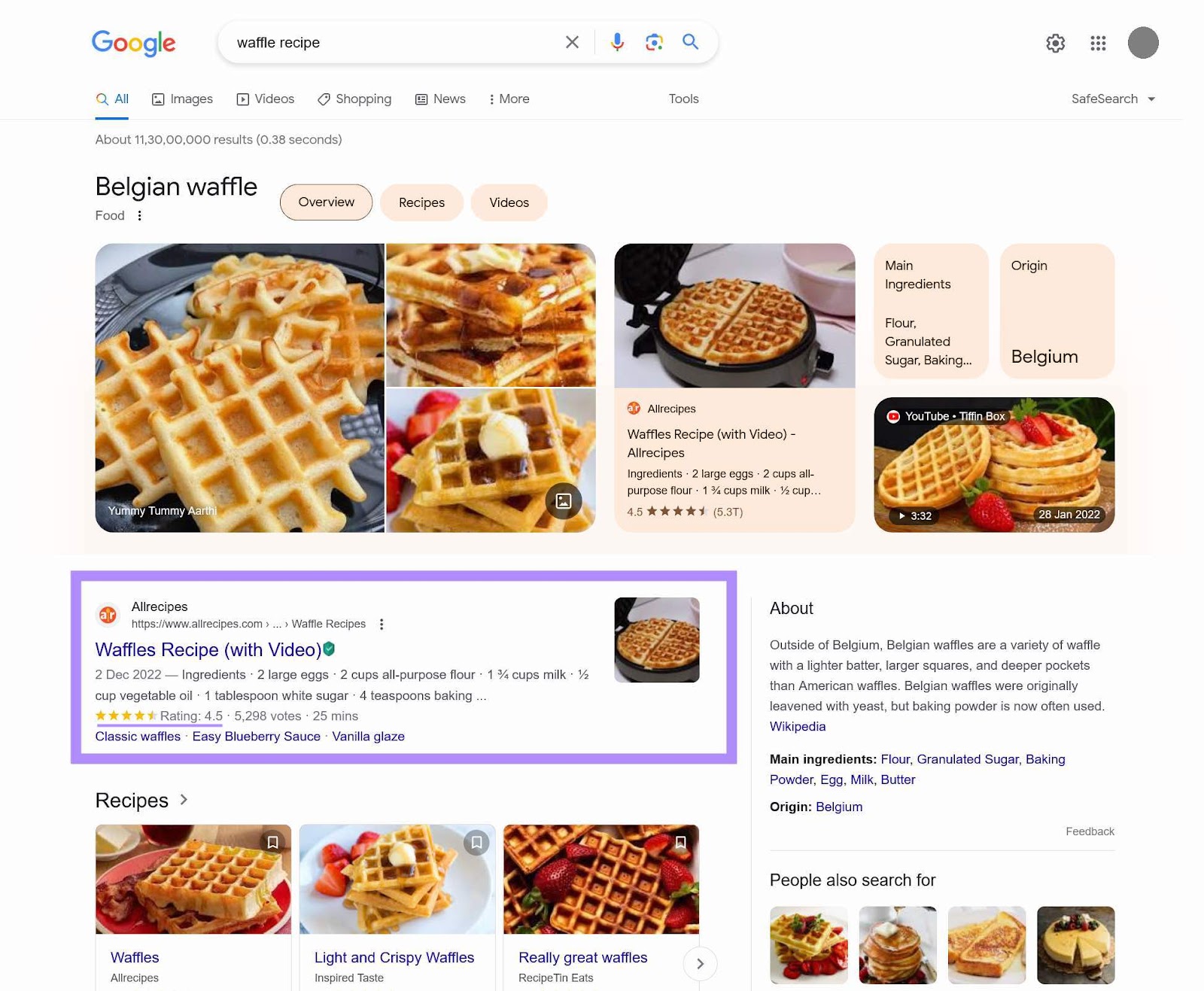 SERP de Google para "receta de gofres" mostrando las valoraciones de los usuarios en forma de estrellas bajo la página de Allrecipes