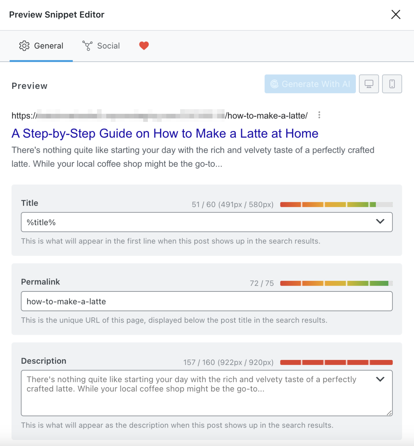 "Vista previa del editor de fragmentos" en Rank Math