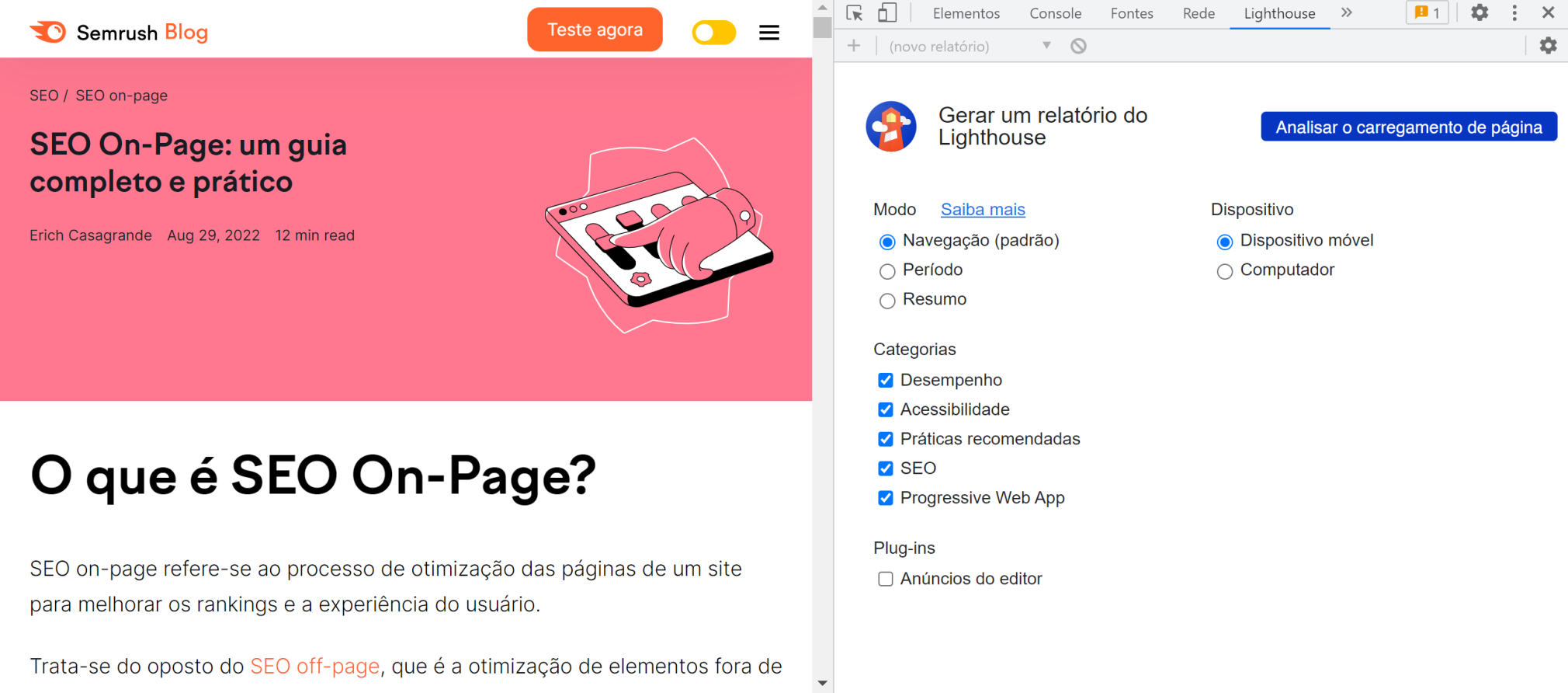 google lighthouse com a opção de analisar a página