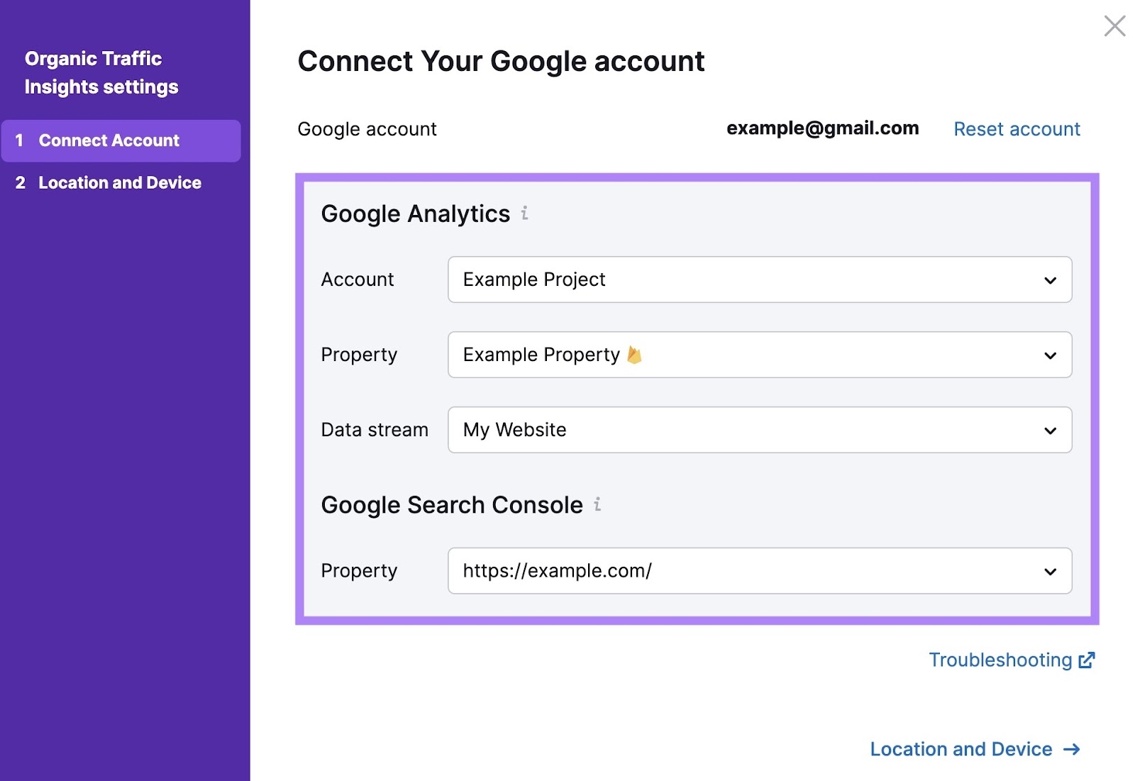 Página de configuración para elegir las propiedades de Google Analytics y Google Search Console para conectar con la información sobre el tráfico orgánico.