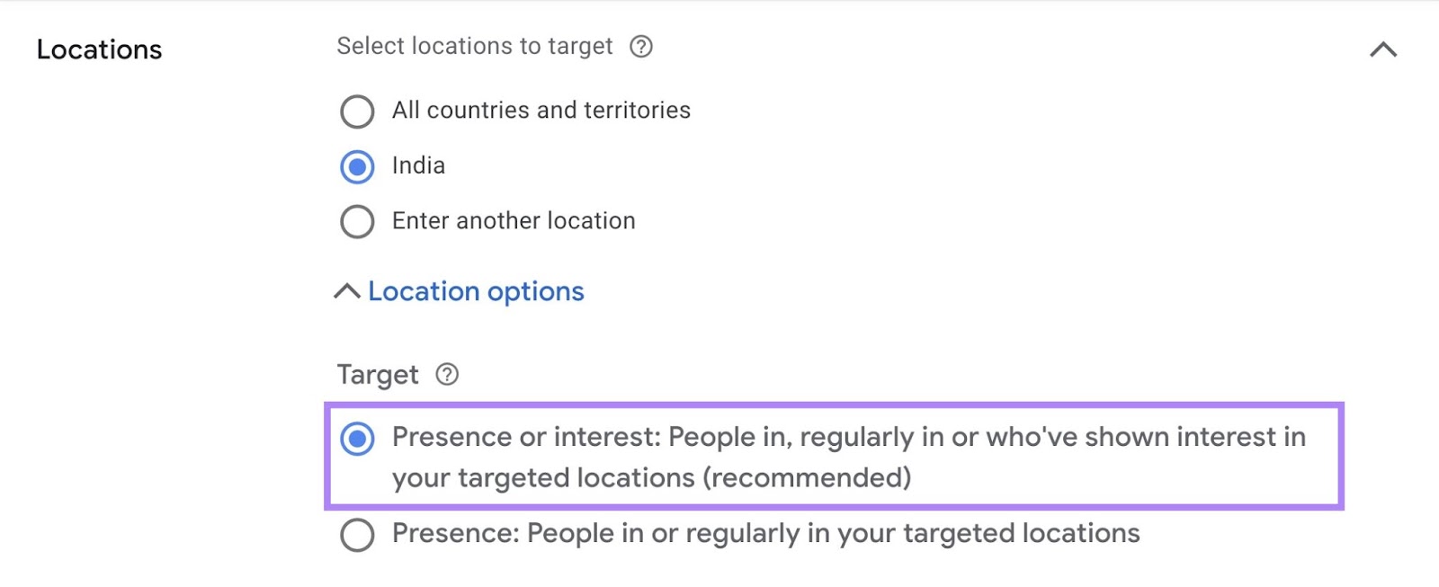 La configuración predeterminada de la orientación geográfica en Google Ads es "Presencia o interés": Personas que se encuentran o han mostrado interés en tus ubicaciones objetivo"