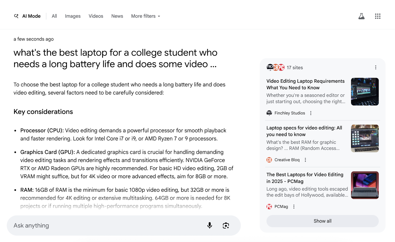 Google AI モードのクエリと応答は、Google 検索とは別のタブに表示されます。
