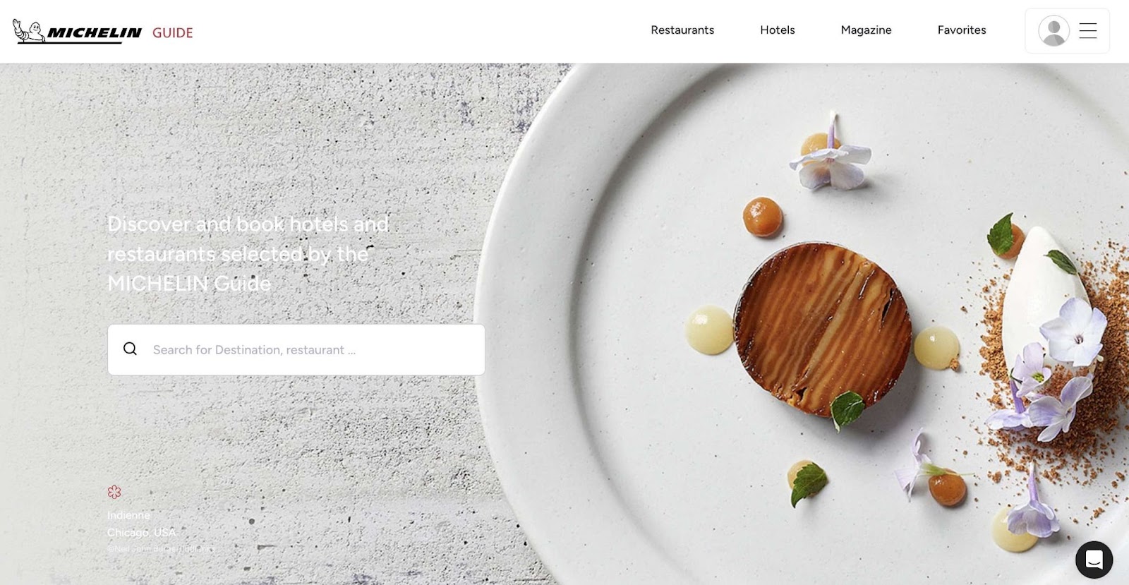 Michelin Guide homepage with a search bar to discover restaurants and hotels selected by the guide.