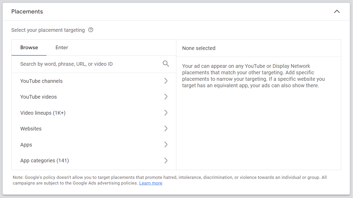 Abschnitt „Placements“ in den Google Ads-Einstellungen